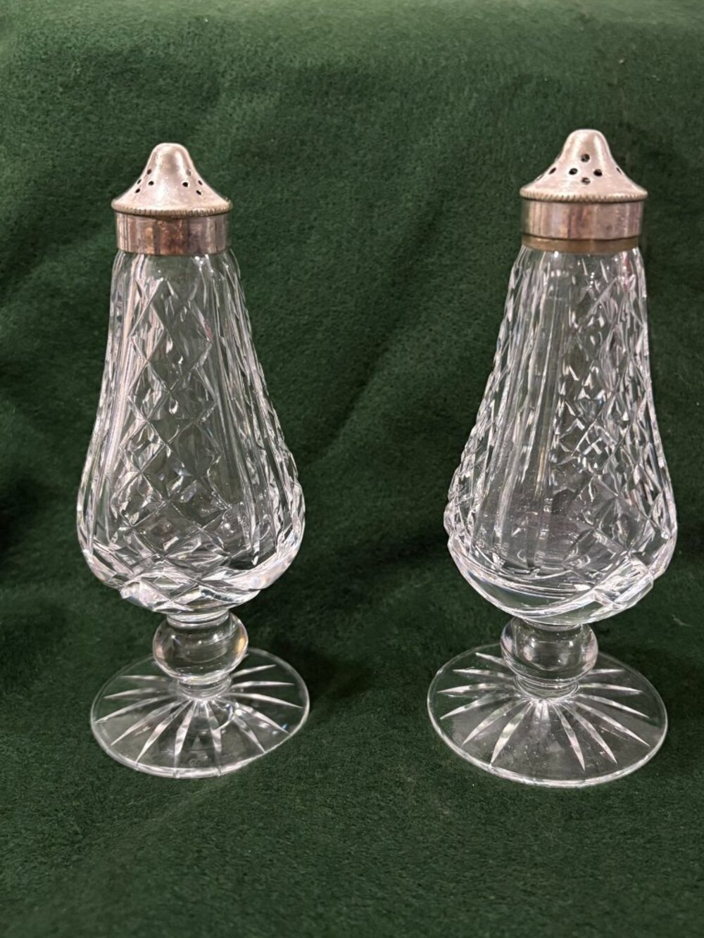 Waterford Clear Crystal Salt Pepper Pedestal Footed Shakers Silver Plated Tops